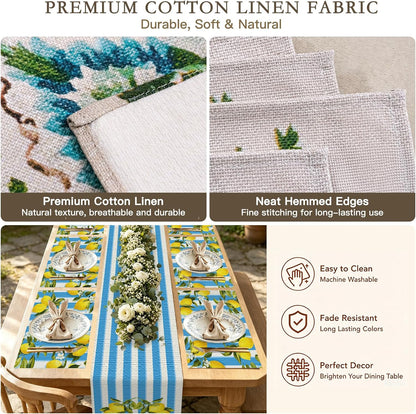 Tablerunner and Placemats Set of 7 Blue-White Stripe Lemon Decor Linen Square Placemats for Dining Dining Sets and Accessories Summer Picnic, Outdoor BBQ, Breakfast Table