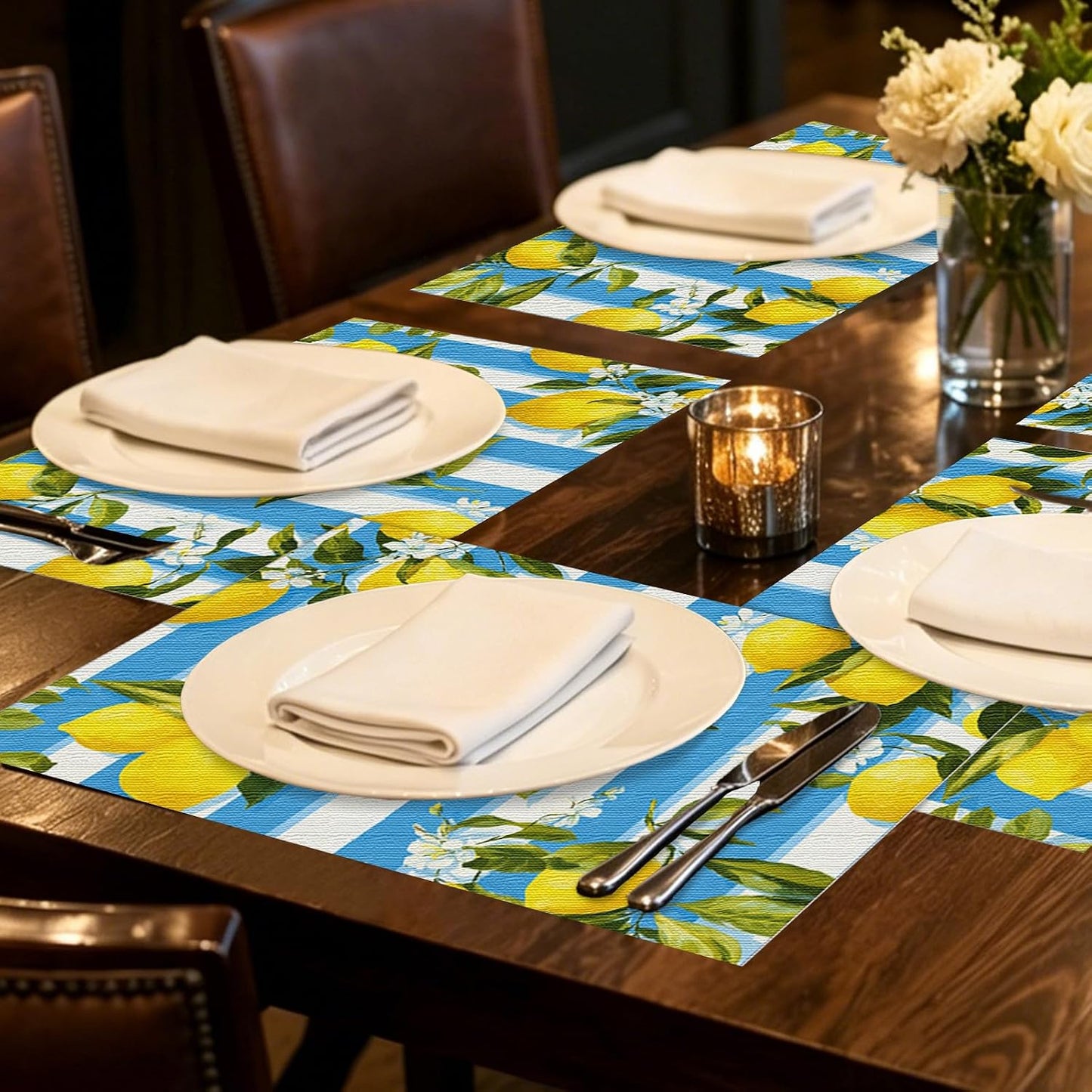 Tablerunner and Placemats Set of 7 Blue-White Stripe Lemon Decor Linen Square Placemats for Dining Dining Sets and Accessories Summer Picnic, Outdoor BBQ, Breakfast Table