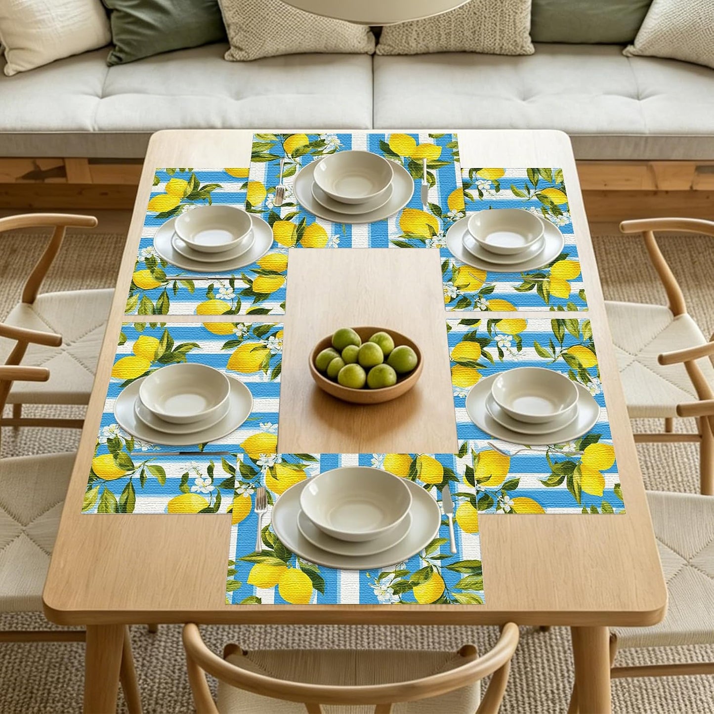 Tablerunner and Placemats Set of 7 Blue-White Stripe Lemon Decor Linen Square Placemats for Dining Dining Sets and Accessories Summer Picnic, Outdoor BBQ, Breakfast Table