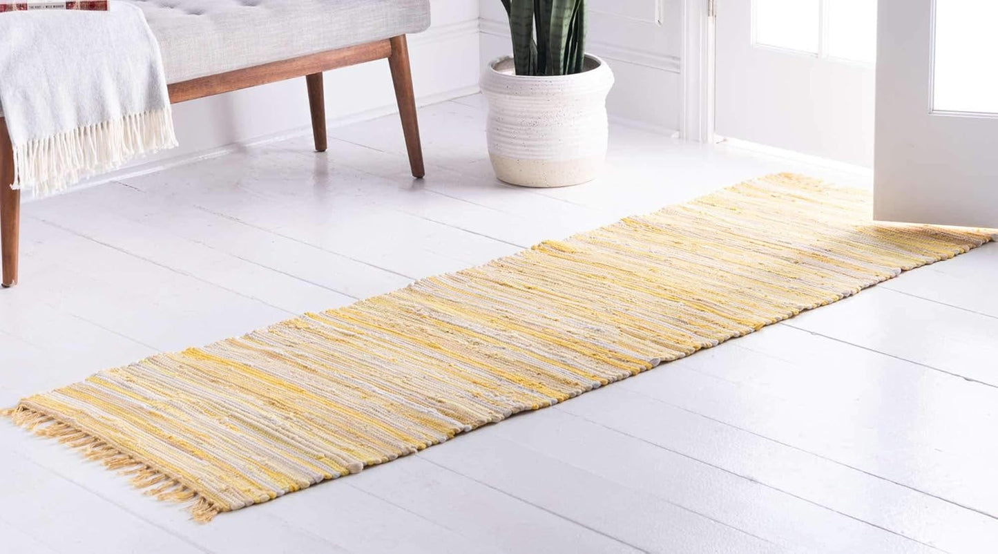 Chindi Cotton Collection Soft Hand Woven Natural Fiber Striped Area Rug, 2 ft 2 in x 6 ft 7 in, Yellow/Ivory