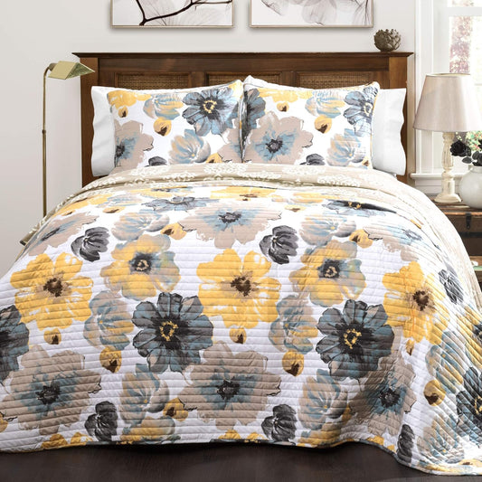 Leah Reversible Floral Quilt Set, 3 Piece Set, King, Yellow & Gray - Watercolor Botanical - Cottage Core - French Country Decor- Bedding Queen Size