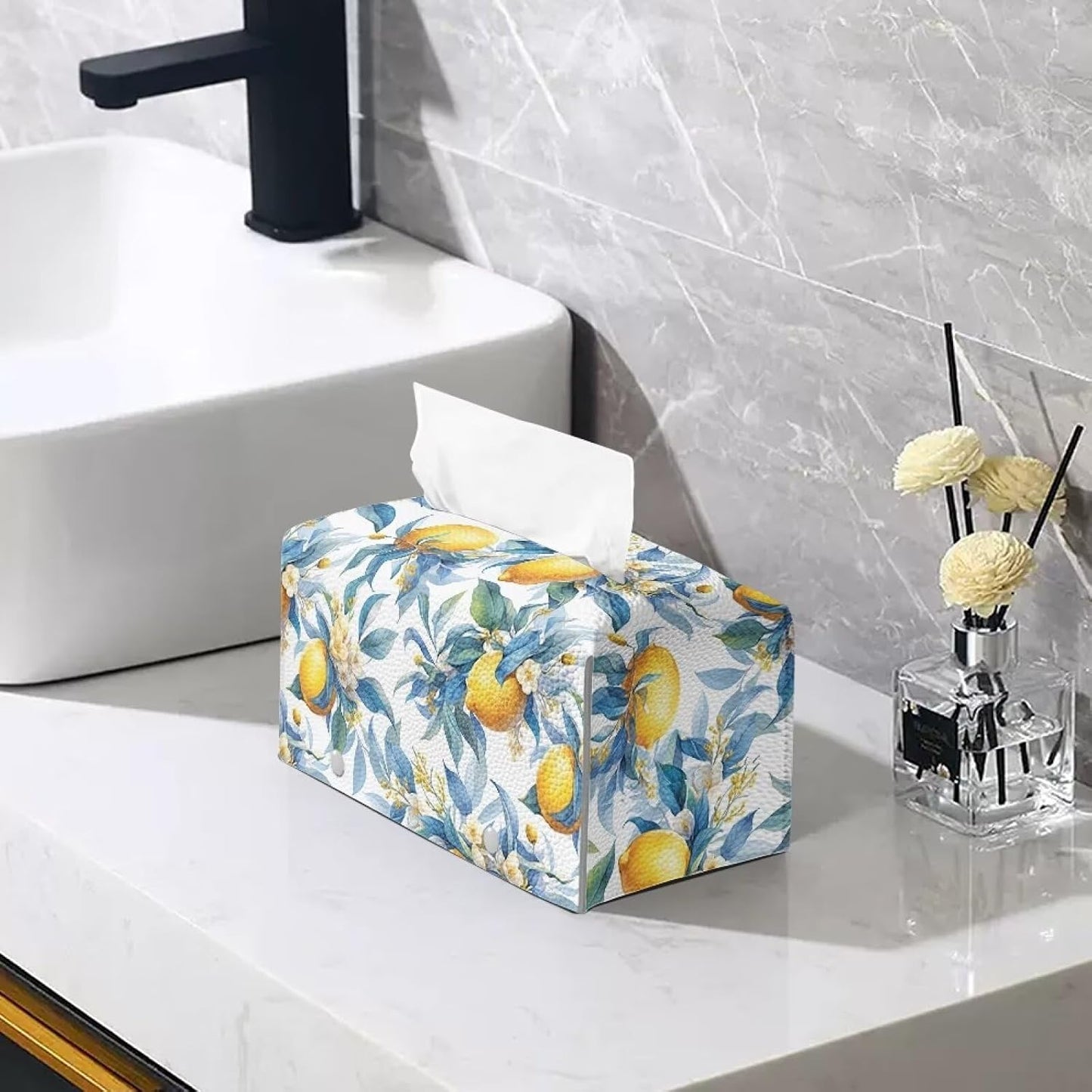 Fashion Tissue Box Cover, Leather Tissue Box Tissues Cover Tissues Holder for Night Stands Bedroom Decor Home Decor Items Lemon