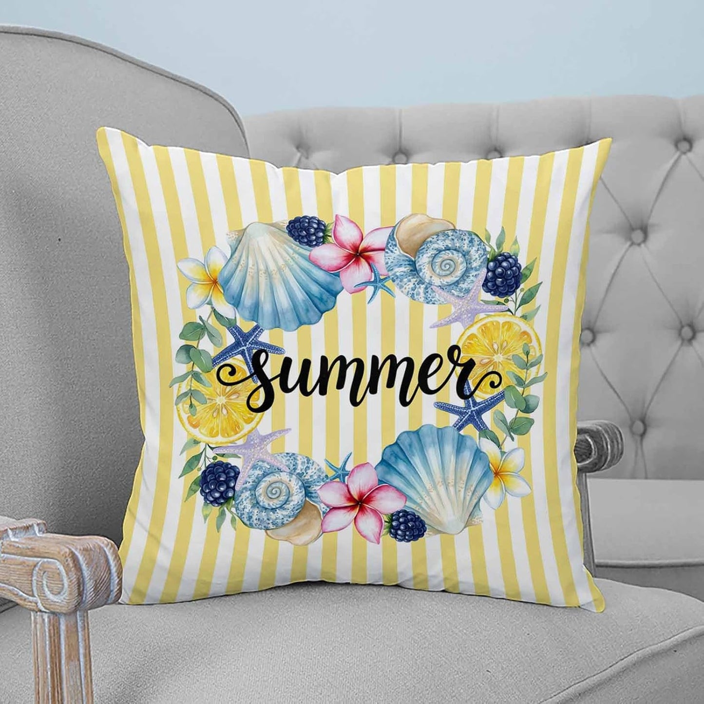 Summer 2PCS Throw Pillow Covers for Couch Sofa Bed, Lemons Starfish Flower Stripes Yellow Pillow Covers 16x16 inch, Standard Pillowcases Set Decorative Cushion Covers for Living Room Bedroom