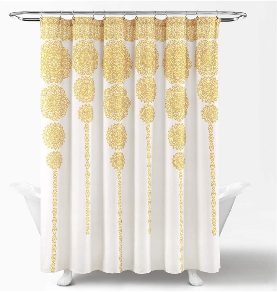 Stripe Medallion Shower Curtain-Fabric Mandala Bohemian Damask Print Design, 72" x 72", Yellow