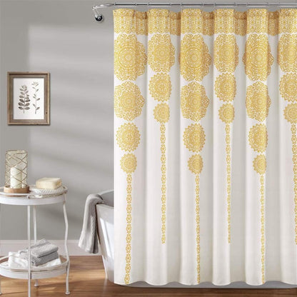 Stripe Medallion Shower Curtain-Fabric Mandala Bohemian Damask Print Design, 72" x 72", Yellow