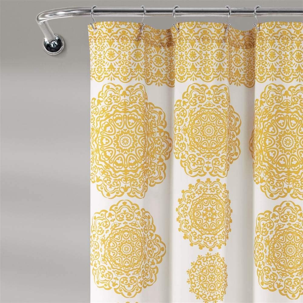 Stripe Medallion Shower Curtain-Fabric Mandala Bohemian Damask Print Design, 72" x 72", Yellow