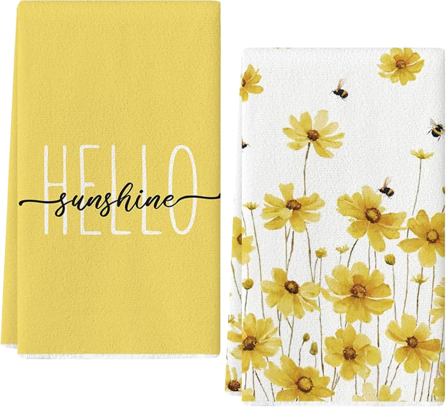 Hello & Yellow Daisy 24 * 16 inch Microfiber Kitchen Towels, 2 Pack,Reusable Paper Tea Rags Hand Wash Cloths Dish Cleaning Towels for Kitchen Essentials Accesorios and Dishcloths Sets Rags