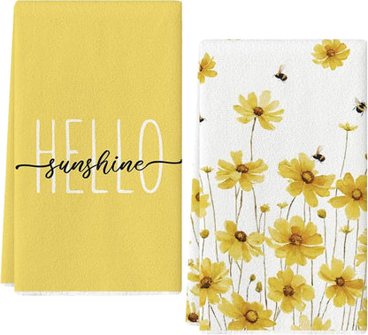 Hello & Yellow Daisy 24 * 16 inch Microfiber Kitchen Towels, 2 Pack,Reusable Paper Tea Rags Hand Wash Cloths Dish Cleaning Towels for Kitchen Essentials Accesorios and Dishcloths Sets Rags