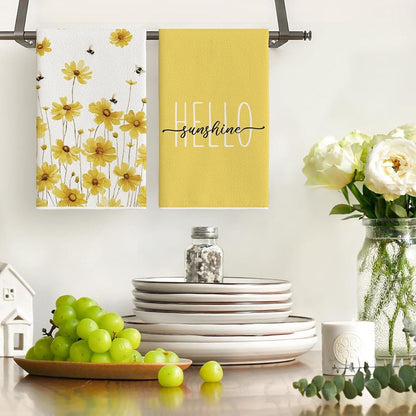 Hello & Yellow Daisy 24 * 16 inch Microfiber Kitchen Towels, 2 Pack,Reusable Paper Tea Rags Hand Wash Cloths Dish Cleaning Towels for Kitchen Essentials Accesorios and Dishcloths Sets Rags