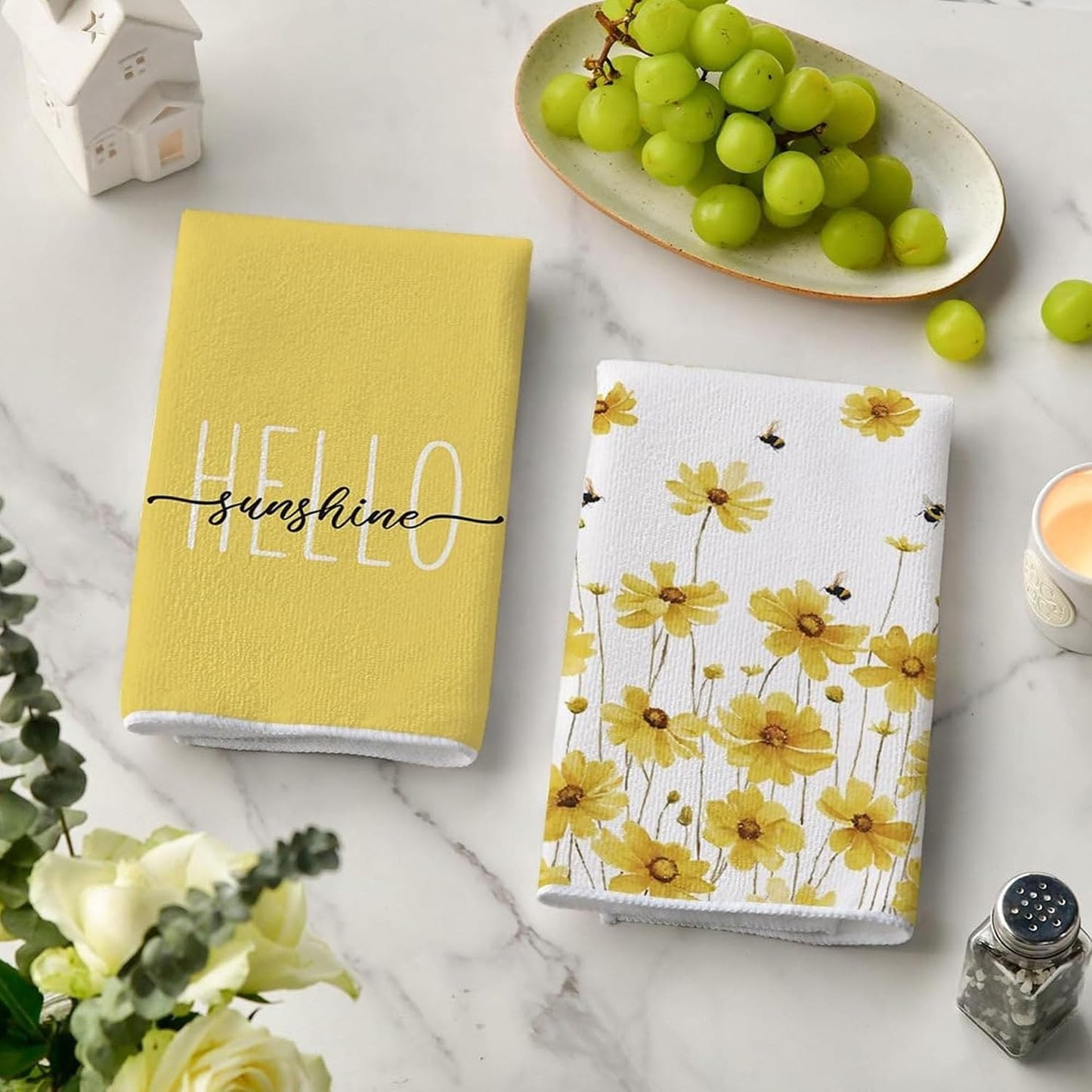 Hello & Yellow Daisy 24 * 16 inch Microfiber Kitchen Towels, 2 Pack,Reusable Paper Tea Rags Hand Wash Cloths Dish Cleaning Towels for Kitchen Essentials Accesorios and Dishcloths Sets Rags