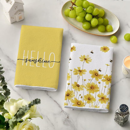 Hello & Yellow Daisy 24 * 16 inch Microfiber Kitchen Towels, 2 Pack,Reusable Paper Tea Rags Hand Wash Cloths Dish Cleaning Towels for Kitchen Essentials Accesorios and Dishcloths Sets Rags