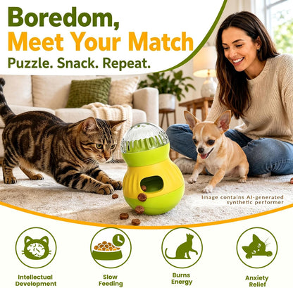 Dog & Cat Treat Dispenser Wobble Ball, Green-Yellow | Tiny/Small Pets, Indoor Interactive, Slow Feeder Enrichment Toy, Adjustable Treat Flow, IQ Training