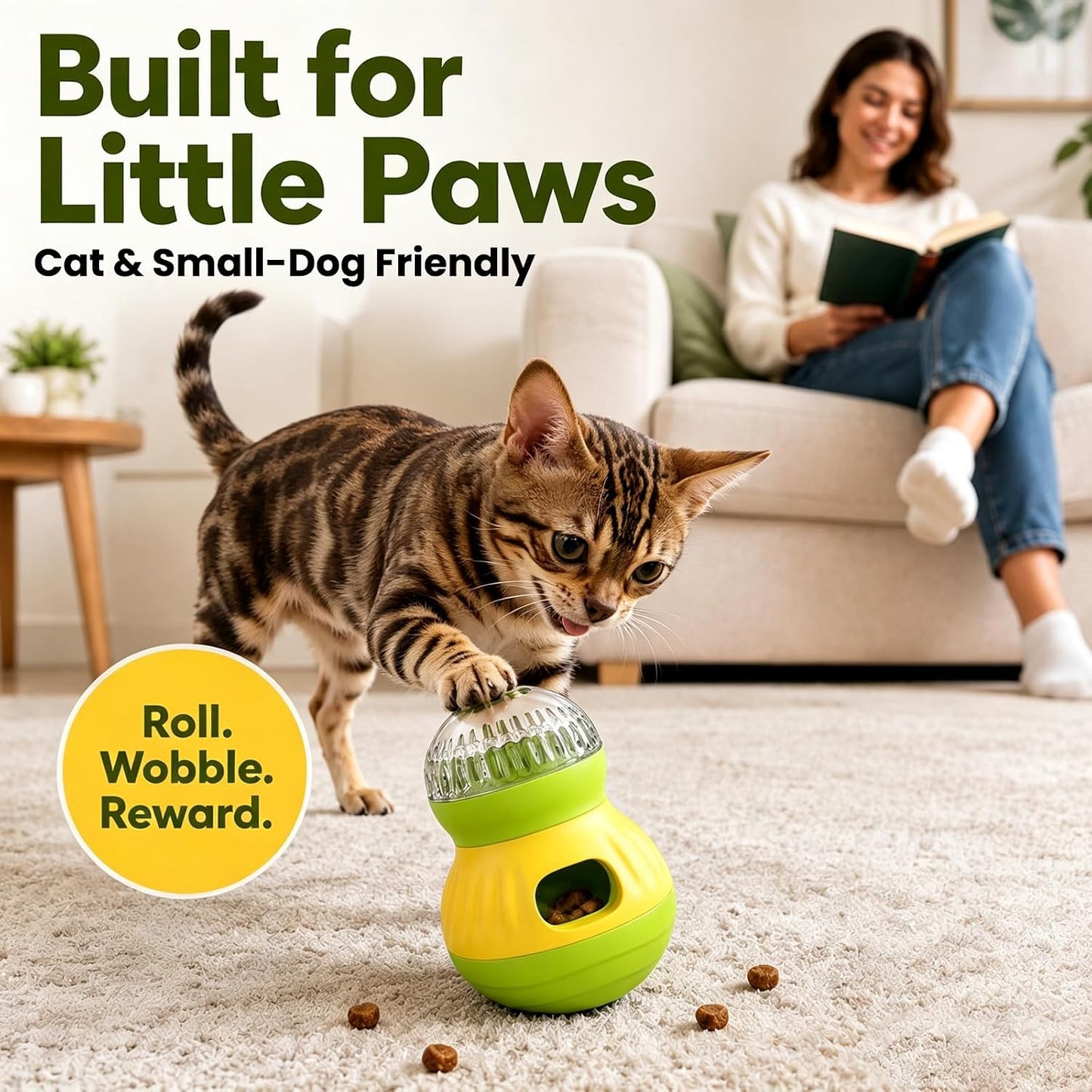 Dog & Cat Treat Dispenser Wobble Ball, Green-Yellow | Tiny/Small Pets, Indoor Interactive, Slow Feeder Enrichment Toy, Adjustable Treat Flow, IQ Training