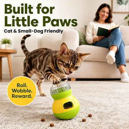 Dog & Cat Treat Dispenser Wobble Ball, Green-Yellow | Tiny/Small Pets, Indoor Interactive, Slow Feeder Enrichment Toy, Adjustable Treat Flow, IQ Training