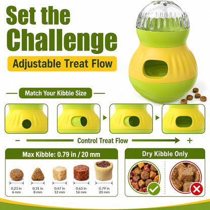 Dog & Cat Treat Dispenser Wobble Ball, Green-Yellow | Tiny/Small Pets, Indoor Interactive, Slow Feeder Enrichment Toy, Adjustable Treat Flow, IQ Training