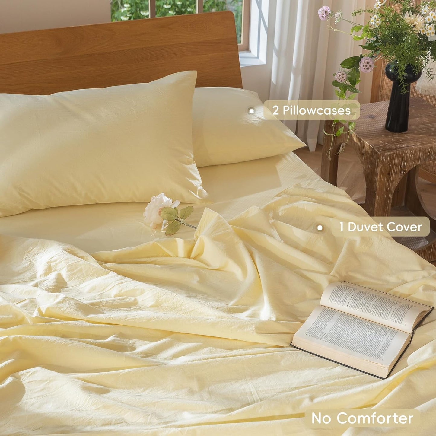 Duvet Cover Set 100% Washed Cotton Linen Like Queen | Relaxed Linen-like Texture. Soft, Breathable & Long-lasting Comfort. Lightweight. Hidden Zipper with 8 Interior Corner Ties