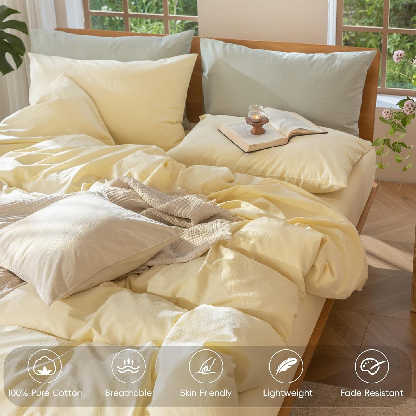 Duvet Cover Set 100% Washed Cotton Linen Like Queen | Relaxed Linen-like Texture. Soft, Breathable & Long-lasting Comfort. Lightweight. Hidden Zipper with 8 Interior Corner Ties