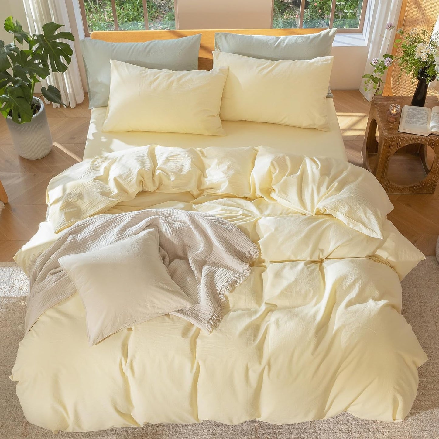 Duvet Cover Set 100% Washed Cotton Linen Like Queen | Relaxed Linen-like Texture. Soft, Breathable & Long-lasting Comfort. Lightweight. Hidden Zipper with 8 Interior Corner Ties