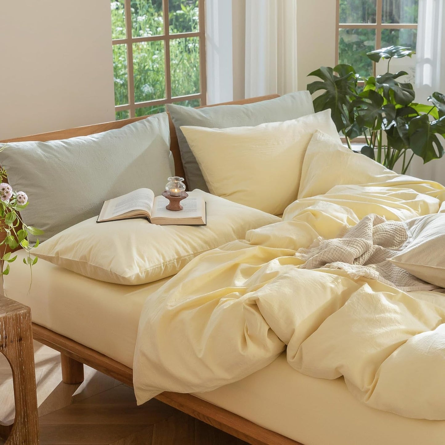 Duvet Cover Set 100% Washed Cotton Linen Like Queen | Relaxed Linen-like Texture. Soft, Breathable & Long-lasting Comfort. Lightweight. Hidden Zipper with 8 Interior Corner Ties