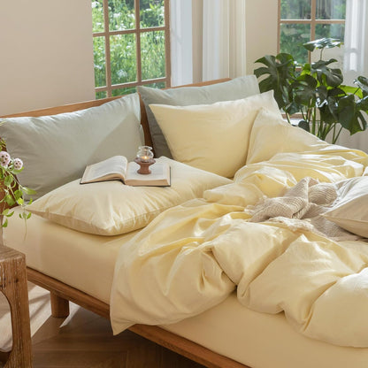 Duvet Cover Set 100% Washed Cotton Linen Like Queen | Relaxed Linen-like Texture. Soft, Breathable & Long-lasting Comfort. Lightweight. Hidden Zipper with 8 Interior Corner Ties