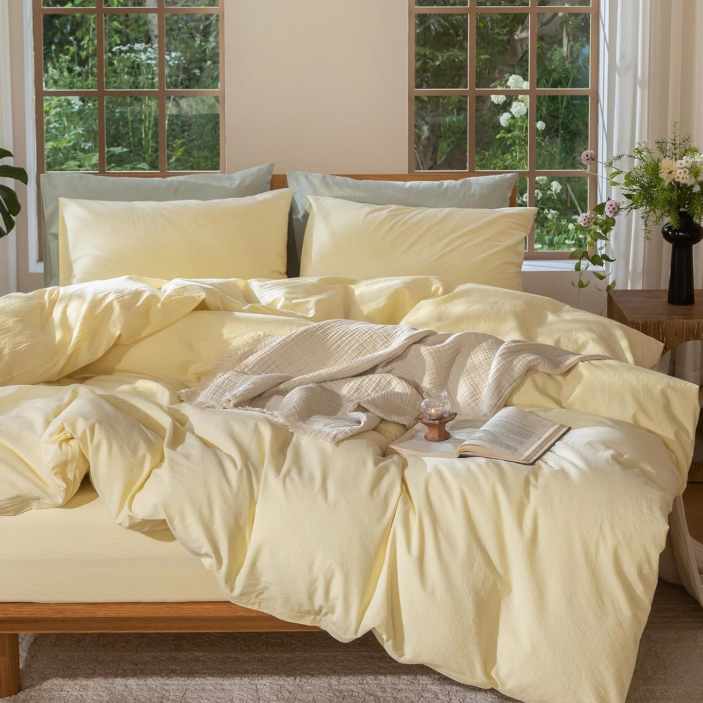 Duvet Cover Set 100% Washed Cotton Linen Like Queen | Relaxed Linen-like Texture. Soft, Breathable & Long-lasting Comfort. Lightweight. Hidden Zipper with 8 Interior Corner Ties