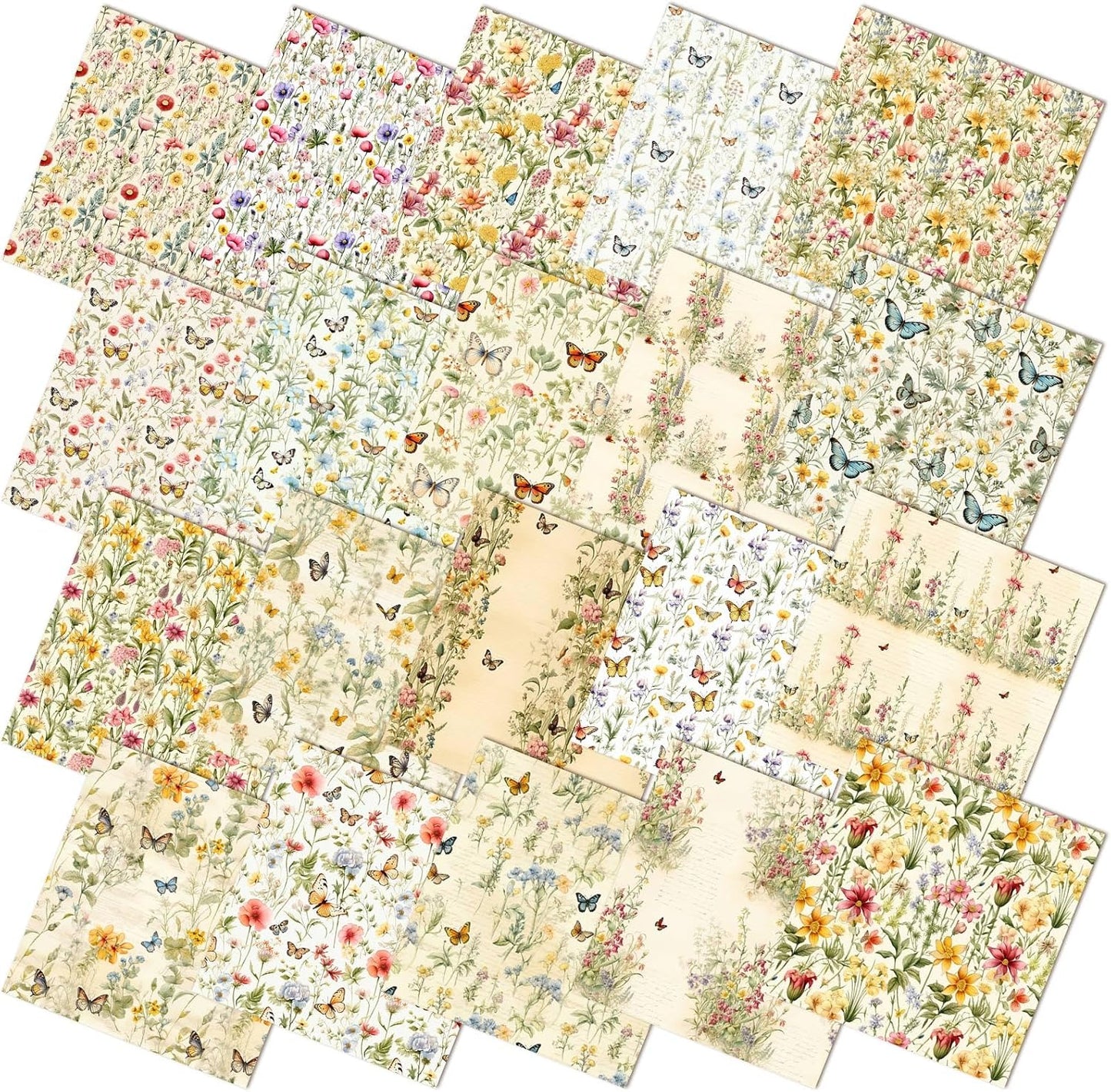 20 Pcs 10''x10'' Yellow Wildflower Quilting Fabric Square Romantic Wildflower Butterfly Quilted Fabric Bundle Spring Floral Precut Printed Patchwork Supplies for Summer DIY Sewing Craft
