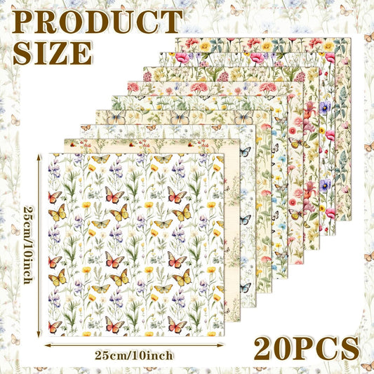 20 Pcs 10''x10'' Yellow Wildflower Quilting Fabric Square Romantic Wildflower Butterfly Quilted Fabric Bundle Spring Floral Precut Printed Patchwork Supplies for Summer DIY Sewing Craft