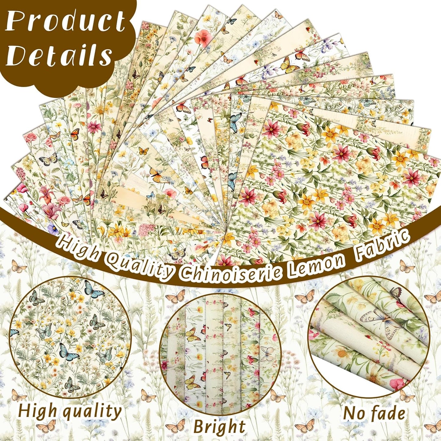 20 Pcs 10''x10'' Yellow Wildflower Quilting Fabric Square Romantic Wildflower Butterfly Quilted Fabric Bundle Spring Floral Precut Printed Patchwork Supplies for Summer DIY Sewing Craft