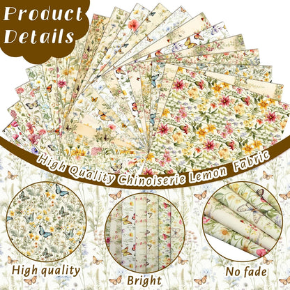 20 Pcs 10''x10'' Yellow Wildflower Quilting Fabric Square Romantic Wildflower Butterfly Quilted Fabric Bundle Spring Floral Precut Printed Patchwork Supplies for Summer DIY Sewing Craft