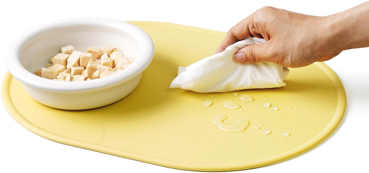 Dog & Cat Feeding Mat, 15.7 x 11.4 in (40x29cm), Thick Premium Platinum Silicone (Leather-Textured Surface), Raised Edges (High Rim), Waterproof, Non-Slip, Made in Korea (Cheese Yellow)