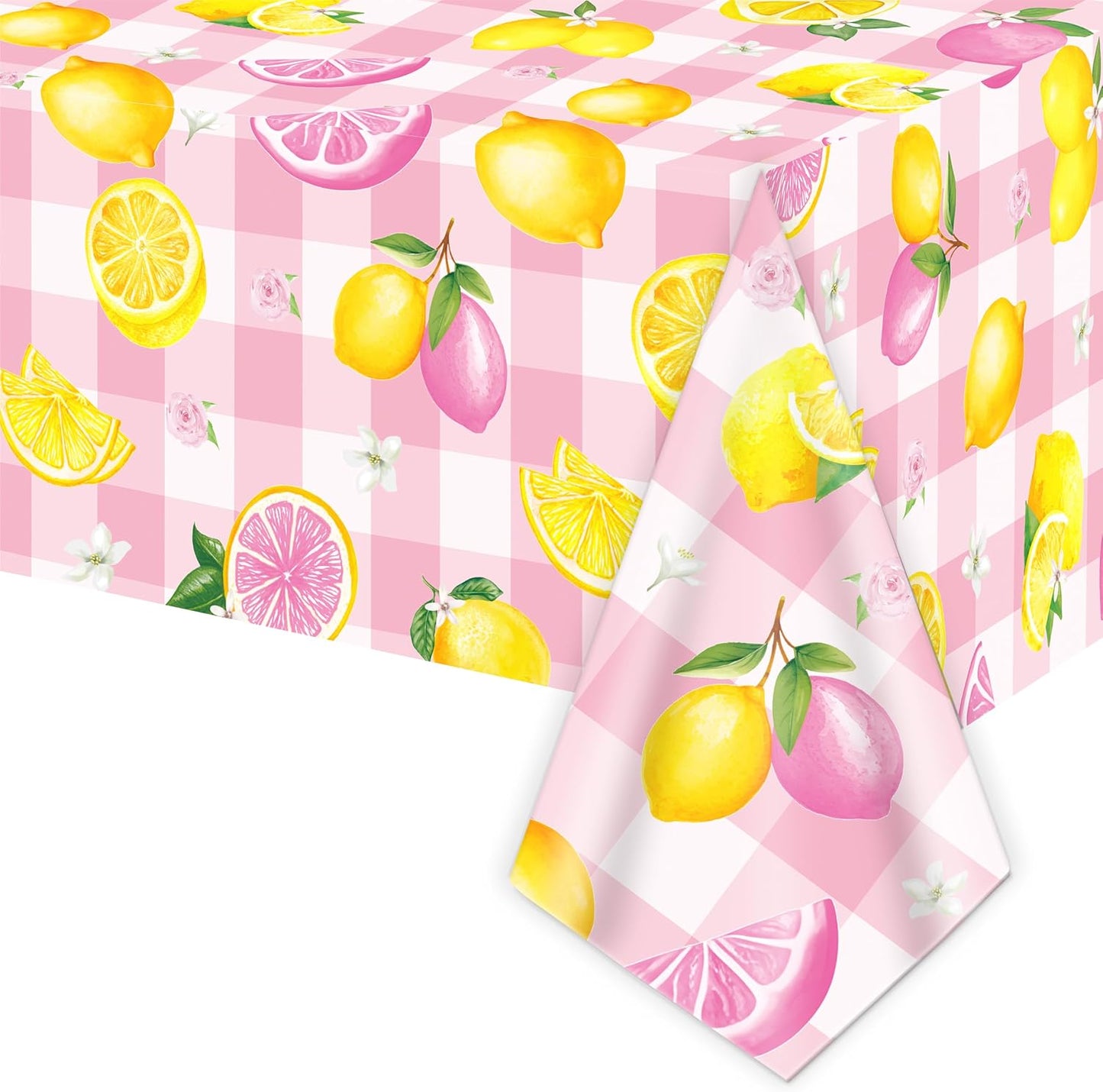 2Pcs Pink Plaid Lemon Disposable Plastic Tablecloths, Waterproof Yellow Citrus Grapefruit Floral Print Table Covers for Summer Lemonade Girl Birthday Bridal Shower Tropical Pool Party Table Decor Supp