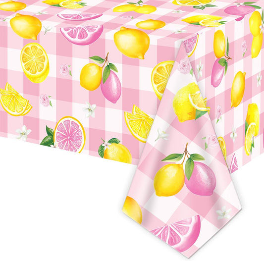 2Pcs Pink Plaid Lemon Disposable Plastic Tablecloths, Waterproof Yellow Citrus Grapefruit Floral Print Table Covers for Summer Lemonade Girl Birthday Bridal Shower Tropical Pool Party Table Decor Supp