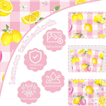 2Pcs Pink Plaid Lemon Disposable Plastic Tablecloths, Waterproof Yellow Citrus Grapefruit Floral Print Table Covers for Summer Lemonade Girl Birthday Bridal Shower Tropical Pool Party Table Decor Supp