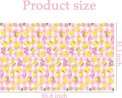 2Pcs Pink Plaid Lemon Disposable Plastic Tablecloths, Waterproof Yellow Citrus Grapefruit Floral Print Table Covers for Summer Lemonade Girl Birthday Bridal Shower Tropical Pool Party Table Decor Supp