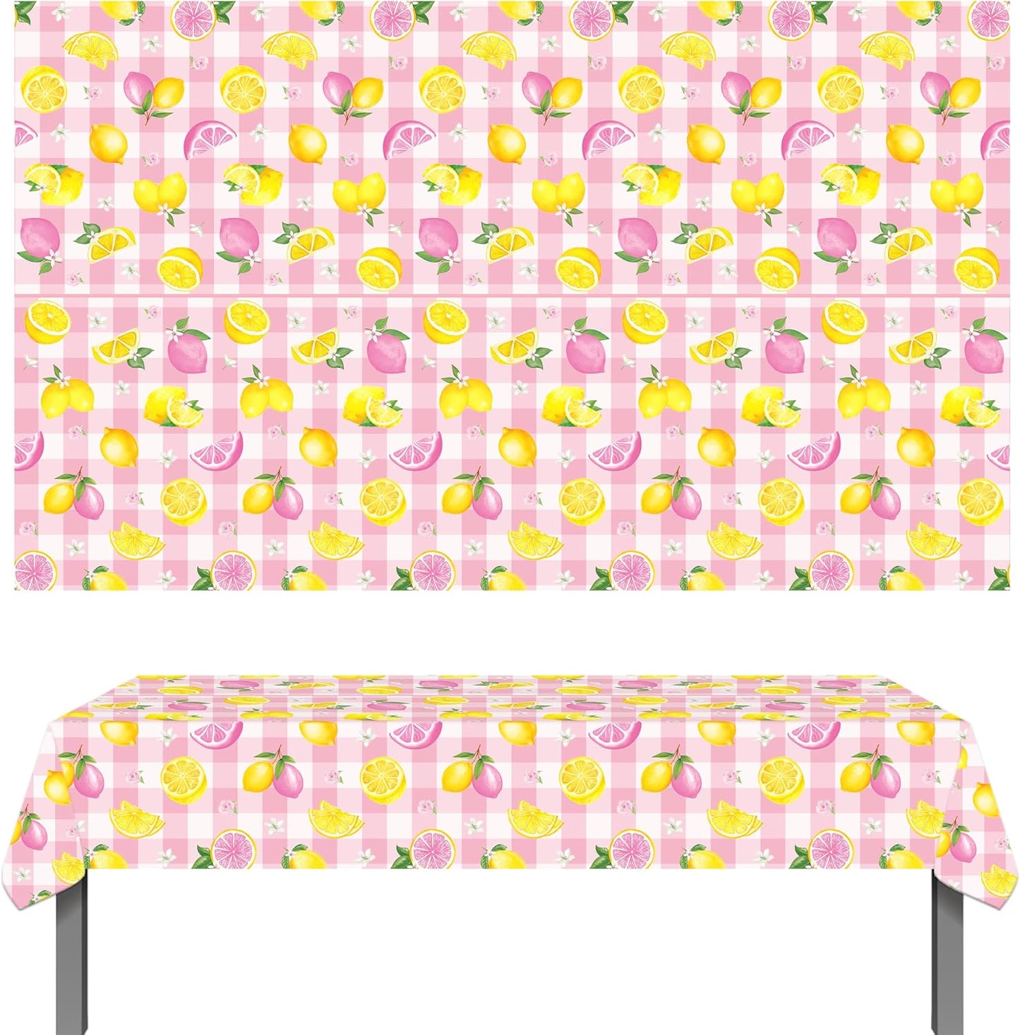 2Pcs Pink Plaid Lemon Disposable Plastic Tablecloths, Waterproof Yellow Citrus Grapefruit Floral Print Table Covers for Summer Lemonade Girl Birthday Bridal Shower Tropical Pool Party Table Decor Supp