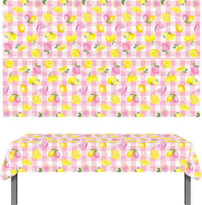 2Pcs Pink Plaid Lemon Disposable Plastic Tablecloths, Waterproof Yellow Citrus Grapefruit Floral Print Table Covers for Summer Lemonade Girl Birthday Bridal Shower Tropical Pool Party Table Decor Supp