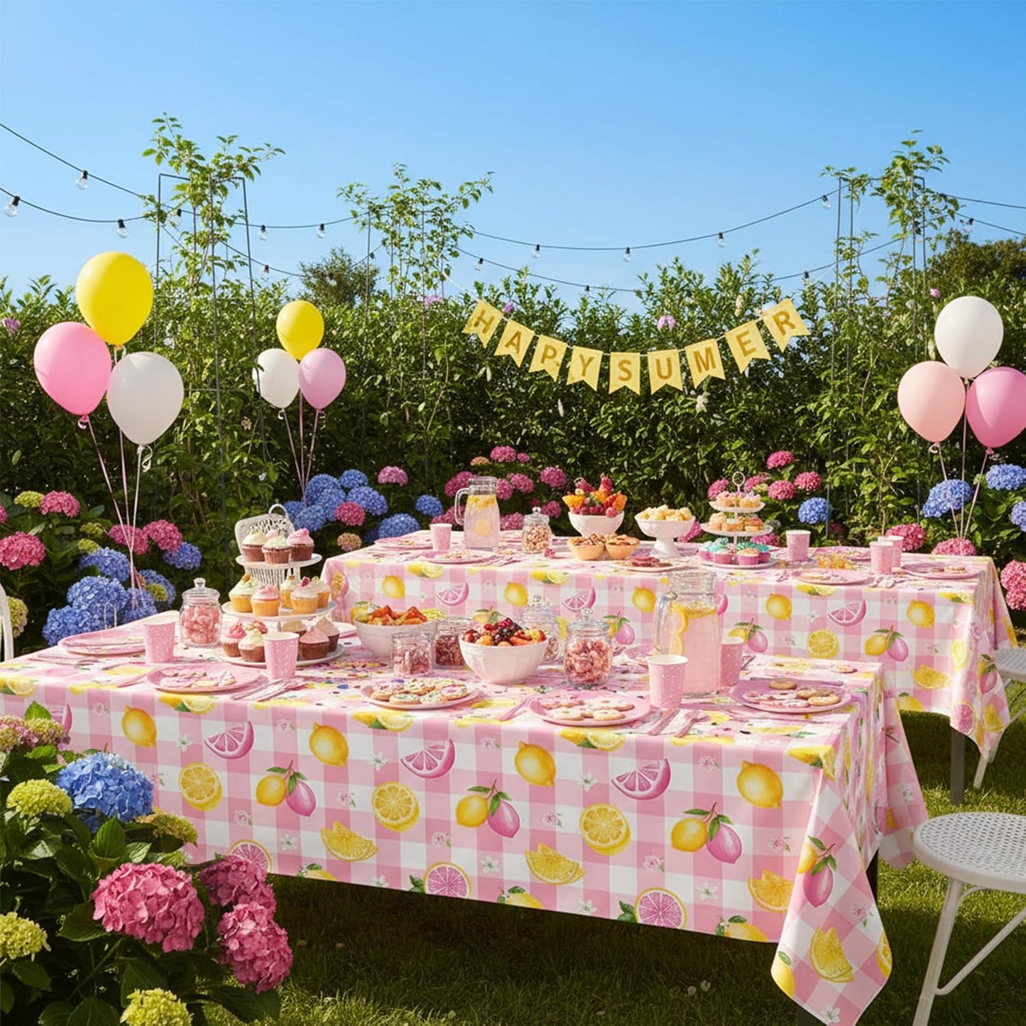 2Pcs Pink Plaid Lemon Disposable Plastic Tablecloths, Waterproof Yellow Citrus Grapefruit Floral Print Table Covers for Summer Lemonade Girl Birthday Bridal Shower Tropical Pool Party Table Decor Supp