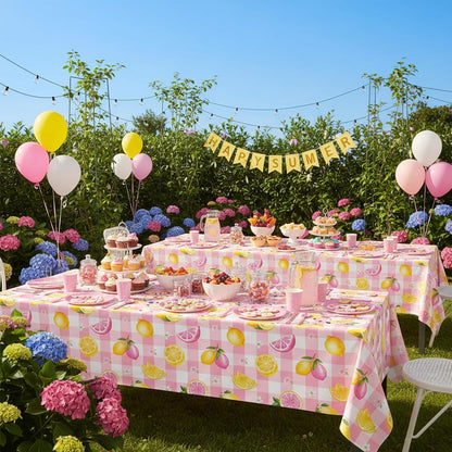 2Pcs Pink Plaid Lemon Disposable Plastic Tablecloths, Waterproof Yellow Citrus Grapefruit Floral Print Table Covers for Summer Lemonade Girl Birthday Bridal Shower Tropical Pool Party Table Decor Supp