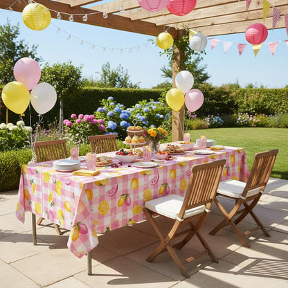 2Pcs Pink Plaid Lemon Disposable Plastic Tablecloths, Waterproof Yellow Citrus Grapefruit Floral Print Table Covers for Summer Lemonade Girl Birthday Bridal Shower Tropical Pool Party Table Decor Supp