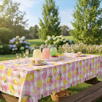 2Pcs Pink Plaid Lemon Disposable Plastic Tablecloths, Waterproof Yellow Citrus Grapefruit Floral Print Table Covers for Summer Lemonade Girl Birthday Bridal Shower Tropical Pool Party Table Decor Supp