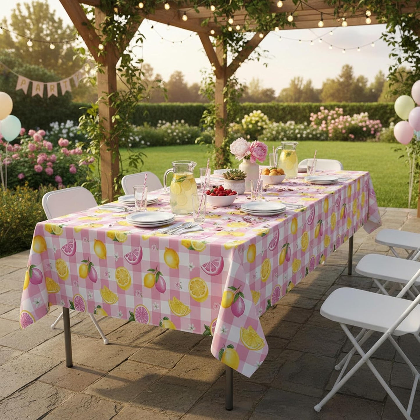 2Pcs Pink Plaid Lemon Disposable Plastic Tablecloths, Waterproof Yellow Citrus Grapefruit Floral Print Table Covers for Summer Lemonade Girl Birthday Bridal Shower Tropical Pool Party Table Decor Supp