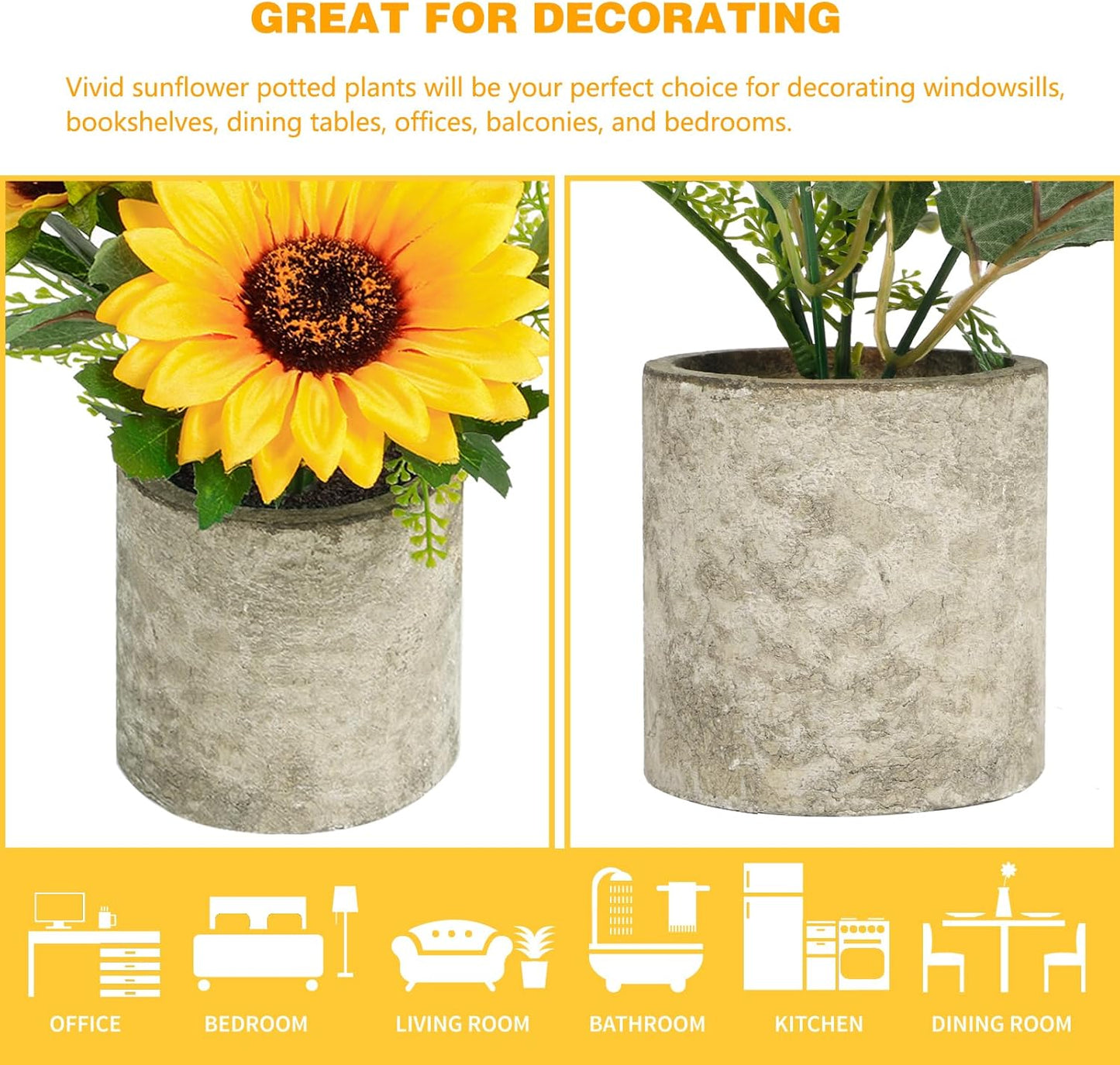 Sunflower Artificial Flowers Pot, Sunflower Decor, Yellow Fake Flower in Pots, for Home Bathroom Kitchen