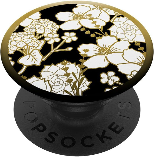 Yellow On Black Flowers Outline Pattern Vintage Floral Art PopSockets Swappable PopGrip