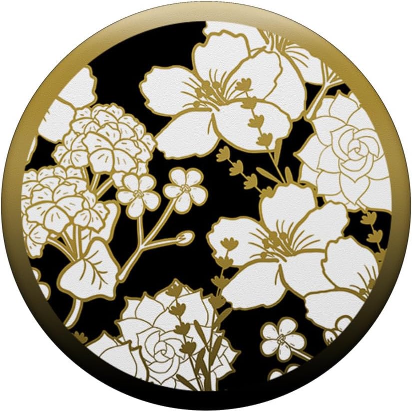 Yellow On Black Flowers Outline Pattern Vintage Floral Art PopSockets Swappable PopGrip
