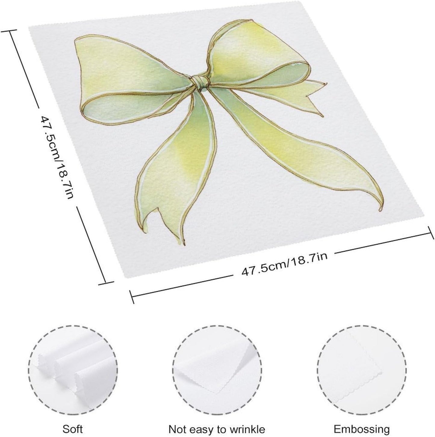 Simple Soft Pastel Yellow Watercolor Ribbon Bow Cloth Napkins Set of 6, Square Premium Reusable Washable Polyester Table Linen Napkin for Dinner Party