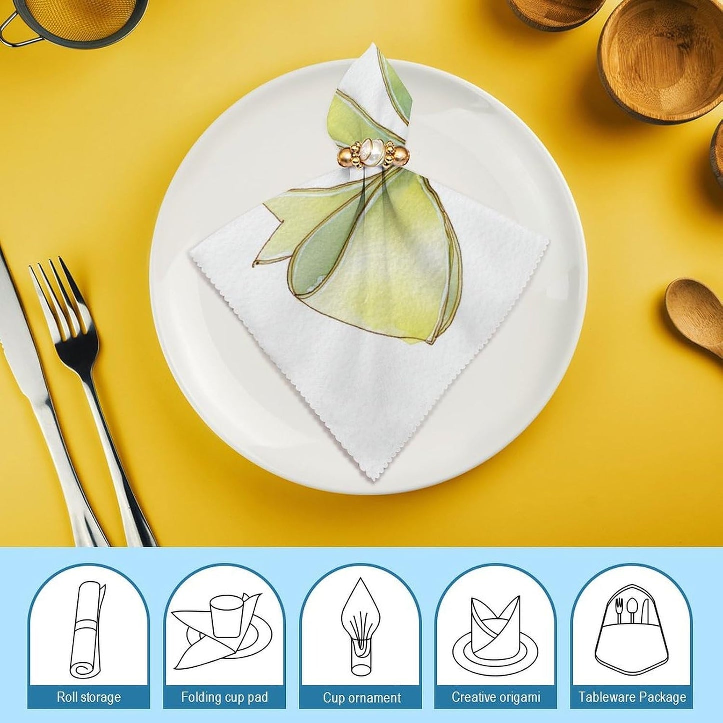 Simple Soft Pastel Yellow Watercolor Ribbon Bow Cloth Napkins Set of 6, Square Premium Reusable Washable Polyester Table Linen Napkin for Dinner Party