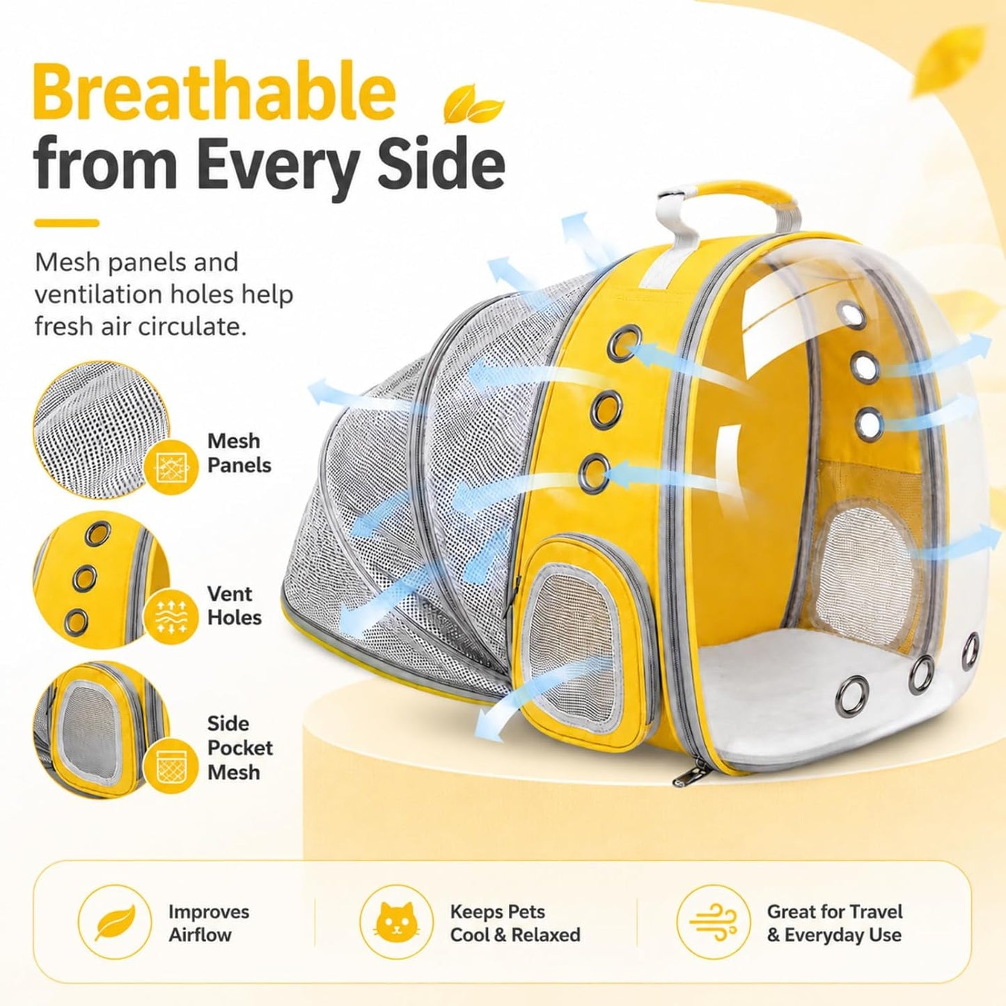 Cat Backpack Carrier Back Expandable Bubble Pet Carrier Backpack for Large Cat, Kitten and Dog, Designed for Hiking, Travelling and Outdoor Use (Back Expandable-Yellow)