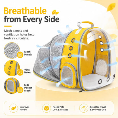 Cat Backpack Carrier Back Expandable Bubble Pet Carrier Backpack for Large Cat, Kitten and Dog, Designed for Hiking, Travelling and Outdoor Use (Back Expandable-Yellow)