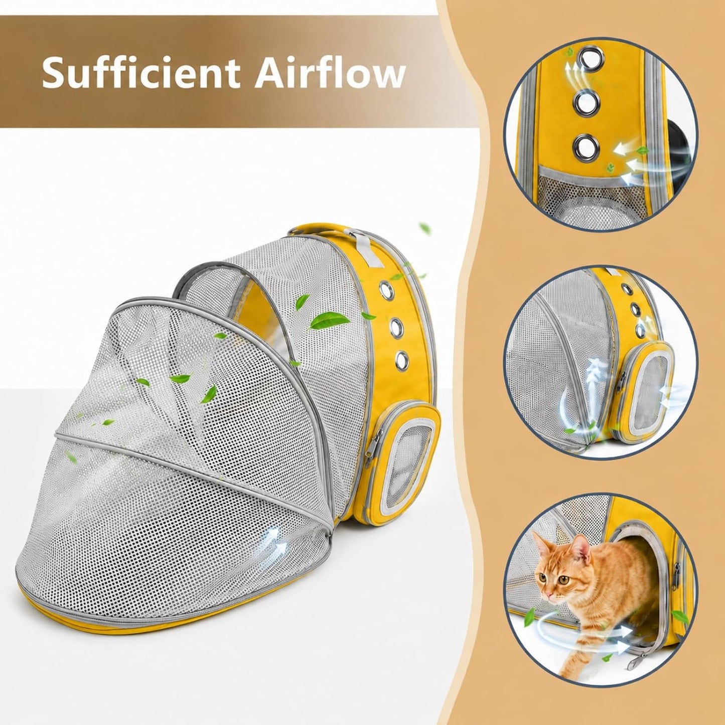 Cat Backpack Carrier Back Expandable Bubble Pet Carrier Backpack for Large Cat, Kitten and Dog, Designed for Hiking, Travelling and Outdoor Use (Back Expandable-Yellow)