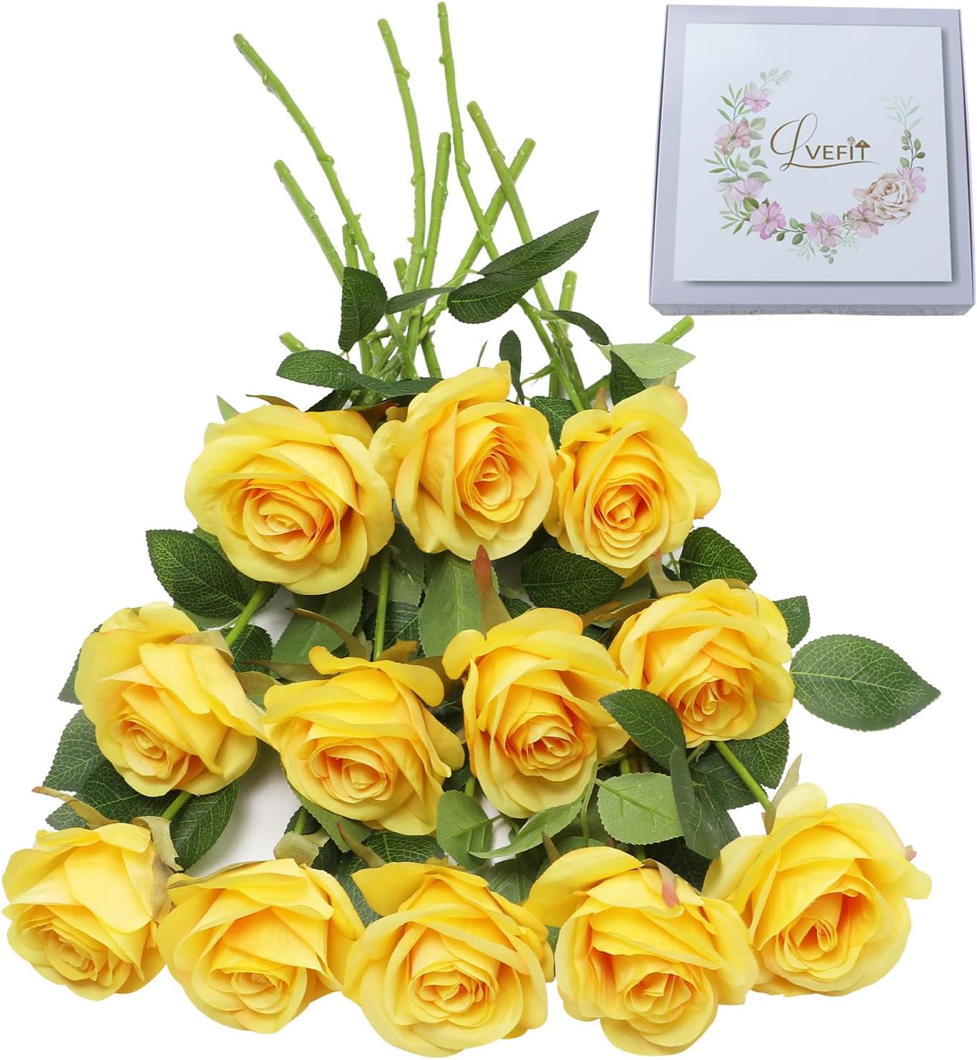 12 Pcs Yellow Flowers Artificial Roses Fake Flowers with Long Stem Silk Roses Faux Roses for Wedding Bouquet Bridal Shower Party Home Table Centerpieces DIY Florals Decoration